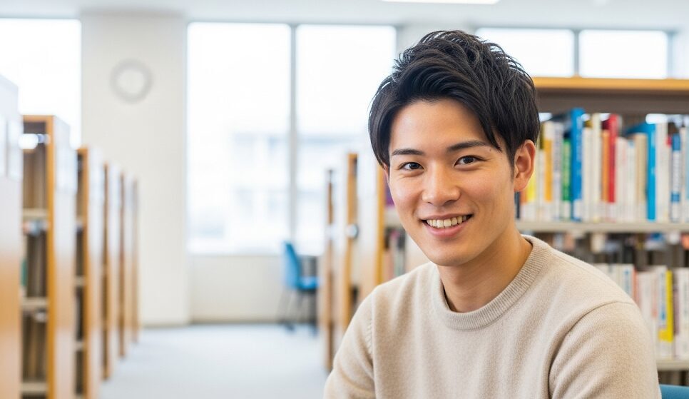 にこやかで知的な印象のハンサムな日本人男子大学生が、明るい図書館でこちらを向いて座っている。家庭教師のマッチングサービスをイメージさせる写真。