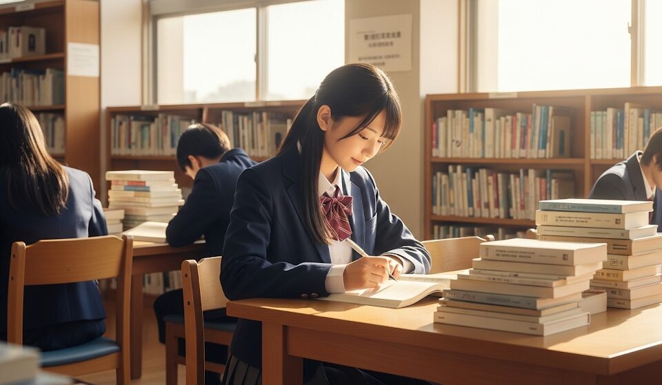 日当たりの良い静かな図書館で、穏やかな表情で熱心に勉強する日本の女子高生。