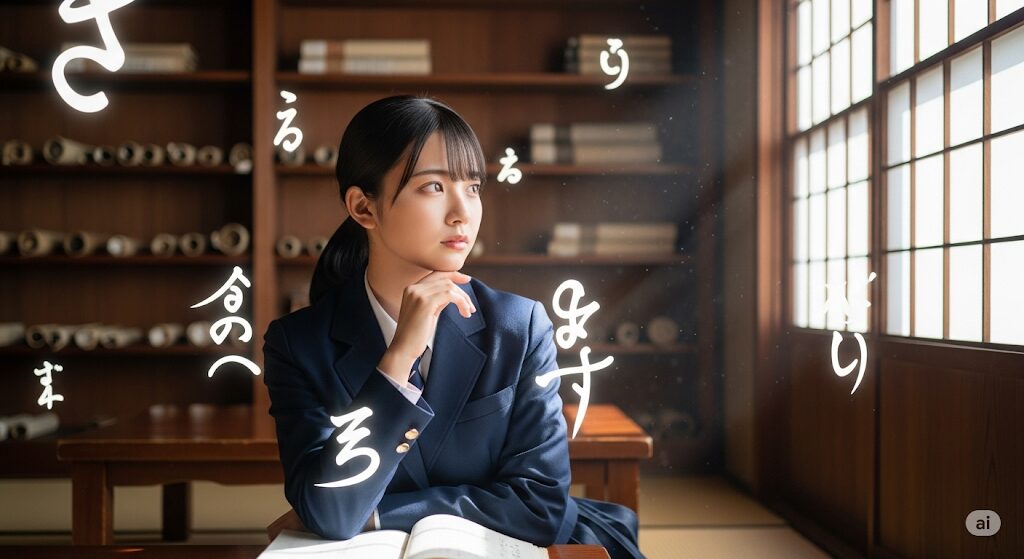 伝統的な日本の図書館で、抽象的な古典の文字のイメージに囲まれながら思索にふける若い日本人学生の女性。障子窓から柔らかな光が差し込んでいる。