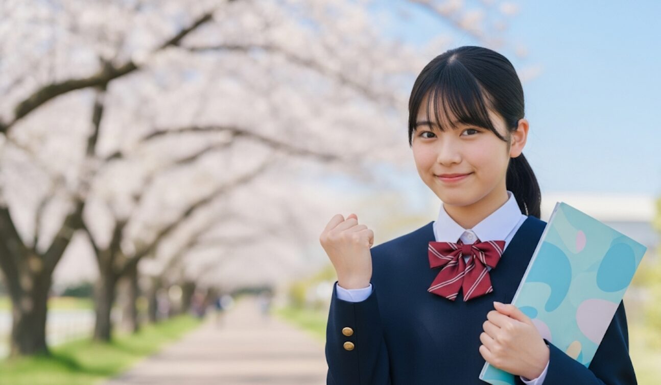 美しい日本人高校生の女子生徒が、桜並木または青空を背景に、満足げな笑顔で小さなガッツポーズをしている。達成感と明るい未来を象徴。手には抽象的な計画表またはノートを持っている。