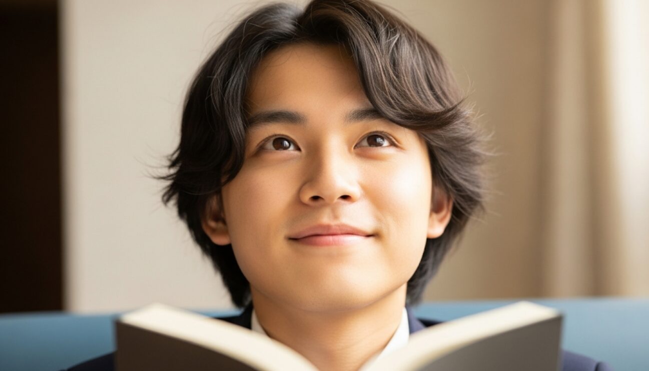 アジア系の若い男性が、開いた本を胸の高さで持ち、わずかに微笑みながら上方を見つめているクローズアップ写真です。背景には、窓と薄いカーテンがあり、室内は明るいです。