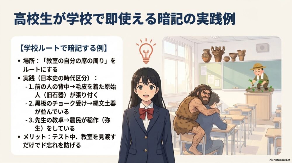 学校の教室や通学路を記憶の宮殿として使い、歴史の出来事を暗記する例
