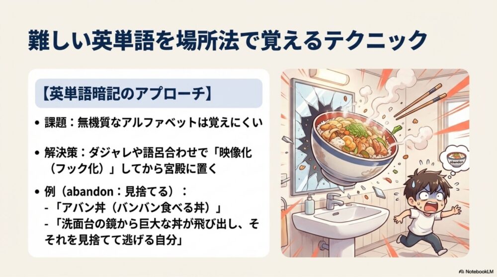 ダジャレや語呂合わせで英単語をイメージ化し、場所法で覚える方法
