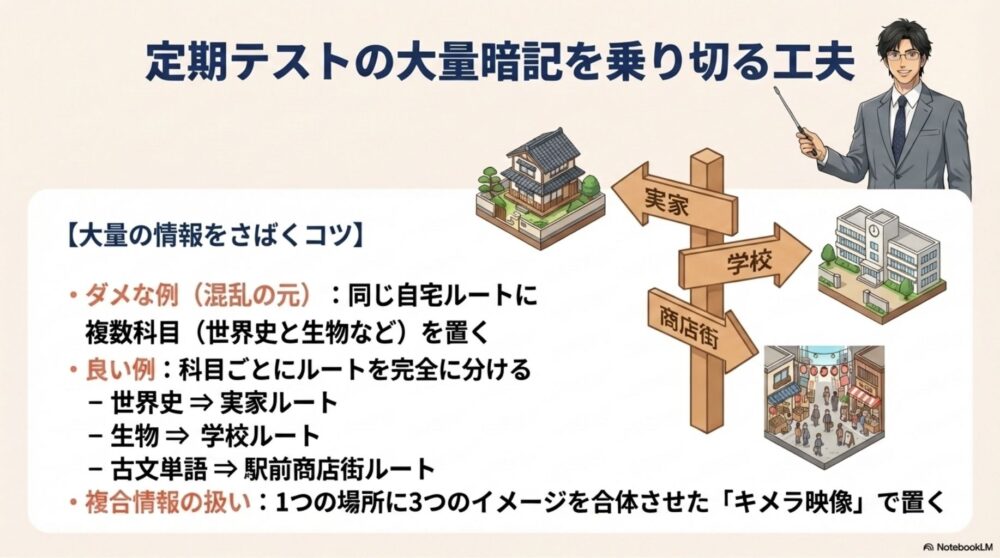 複数科目を大量に暗記する際の、ジャンルごとのルートの分け方
