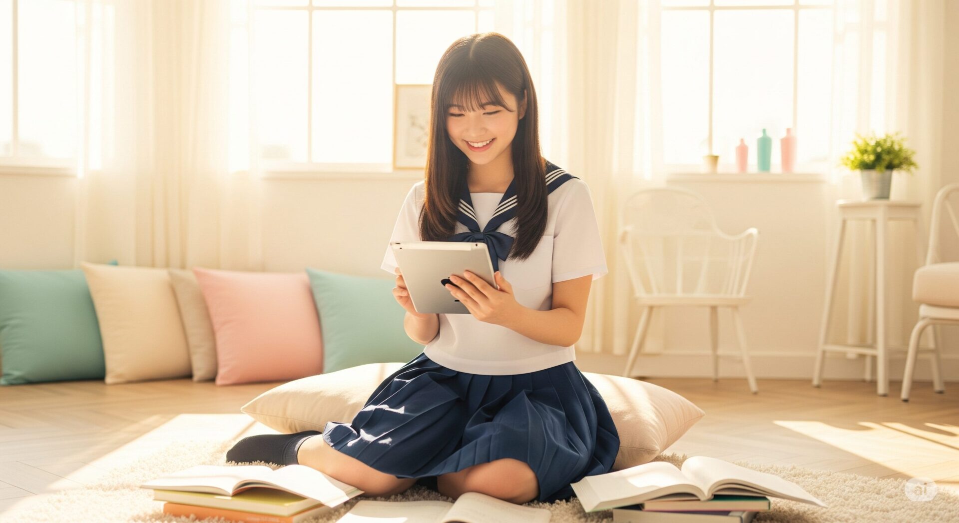 明るくおしゃれなリビングで、タブレットを使って楽しそうに勉強する、きれいな日本の中学生の女の子。