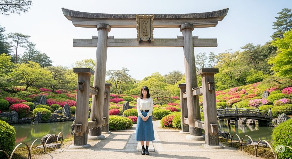 現代的な服装の若い日本人女性が、伝統的な大きな木製の鳥居の前に立っています。鳥居の向こうには、池、橋、そして色とりどりのツツジが咲く美しい日本庭園が広がっており、古典文学の世界への入り口を象徴しています。