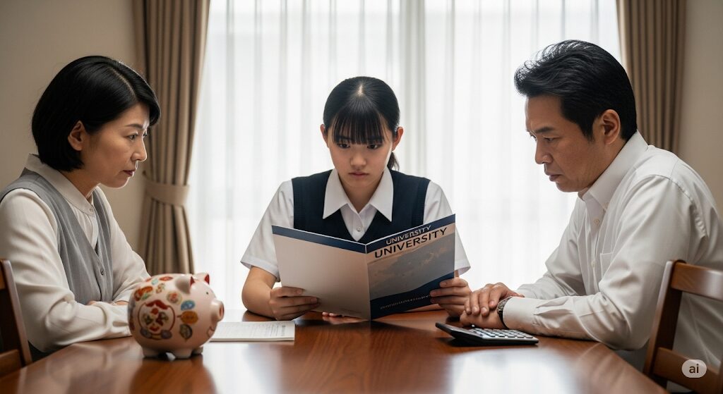 食卓テーブルを囲み、高校生の娘と両親が大学のパンフレットを真剣な表情で覗き込んでいます。テーブルの上には豚の貯金箱と電卓が置かれており、家族で大学進学にかかる費用について計画を立てている様子を表現しています。