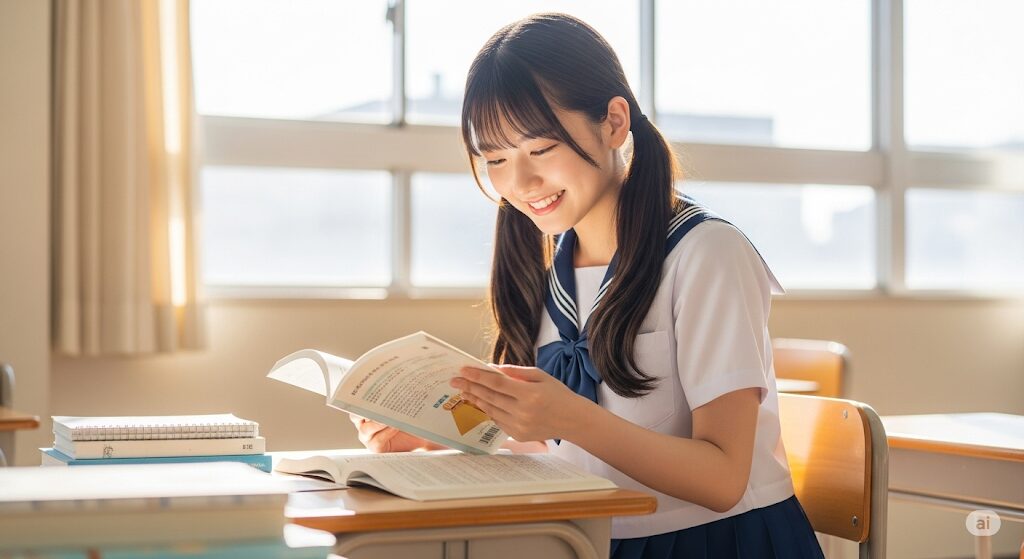 成績が上がったことを象徴するように、教科書を見て嬉しそうに微笑む美しい女子高生。
