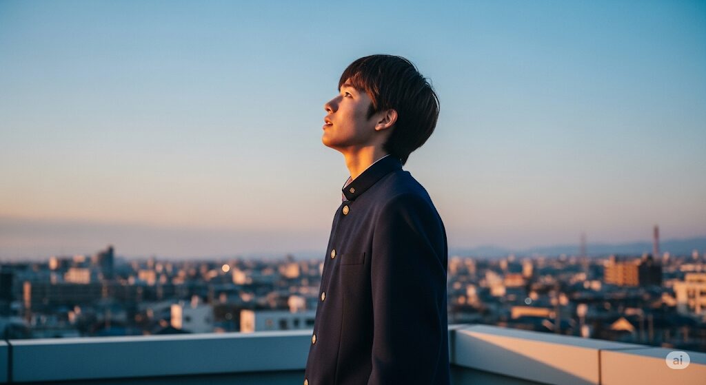 夕暮れ時の学校の屋上で、制服を着たハンサムな日本の男子高校生が、希望に満ちた表情で空を見上げている。