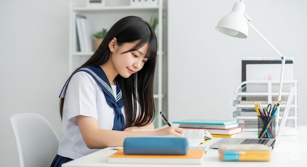 Z会の質の高い教材に真剣に取り組む知的な女子高生