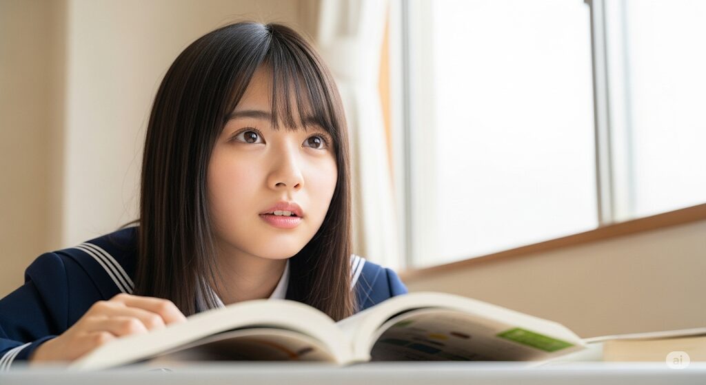 Z会の料金に関する記事のアイキャッチ画像。未来の大学生活を想像しているかのように、希望に満ちた表情で机に向かう制服姿の女子高生。