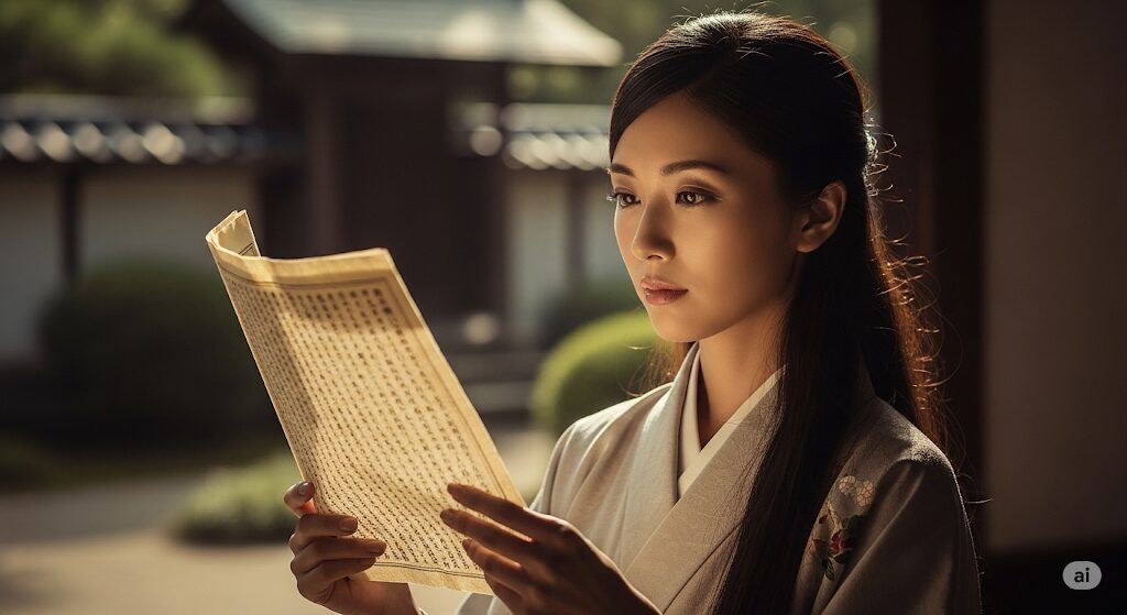 古文の巻物を熟考する美しい日本人女性