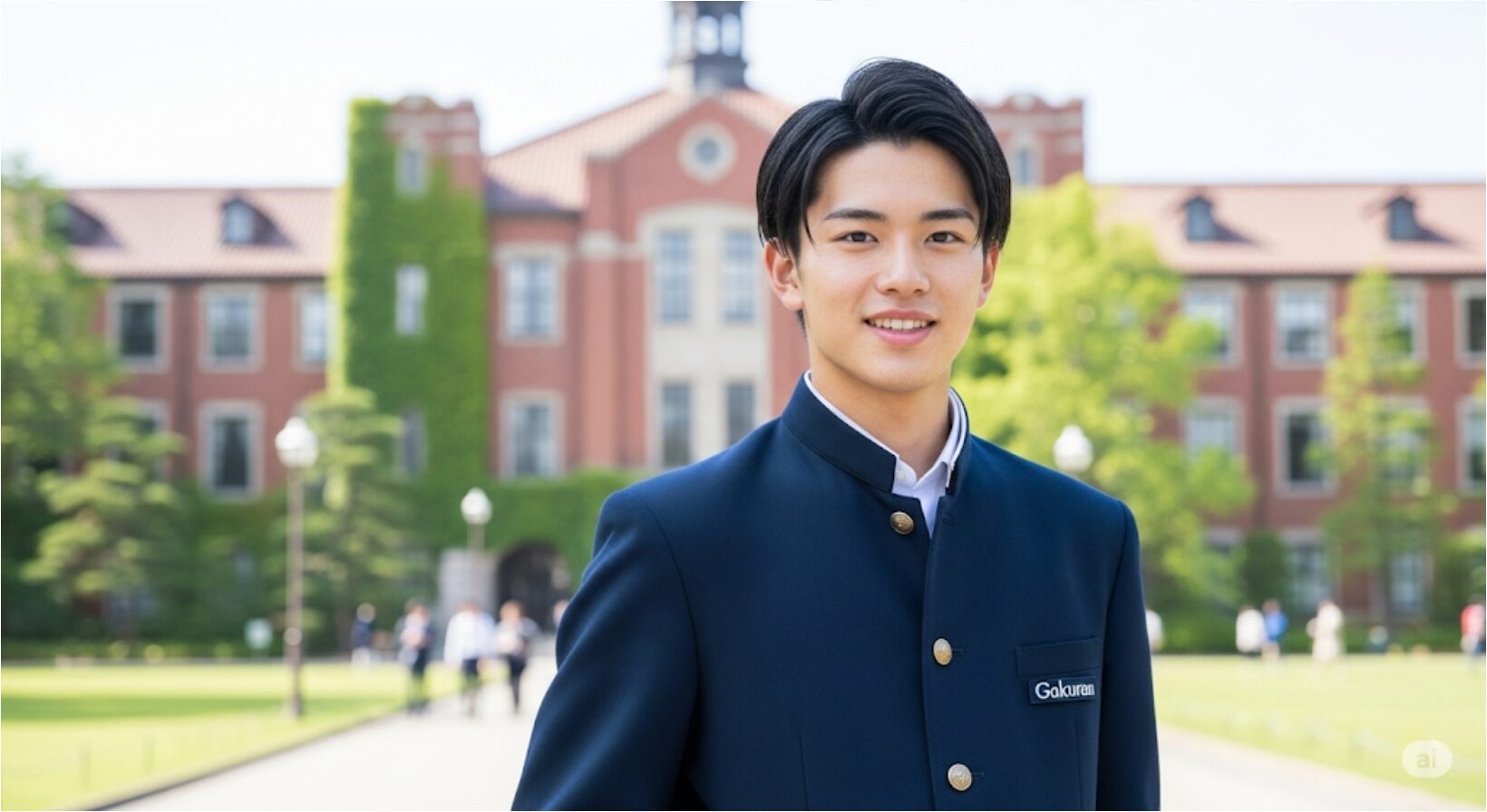 美しい大学のキャンパスを背景に、自信に満ちた笑顔で立つハンサムな日本人男子高生。