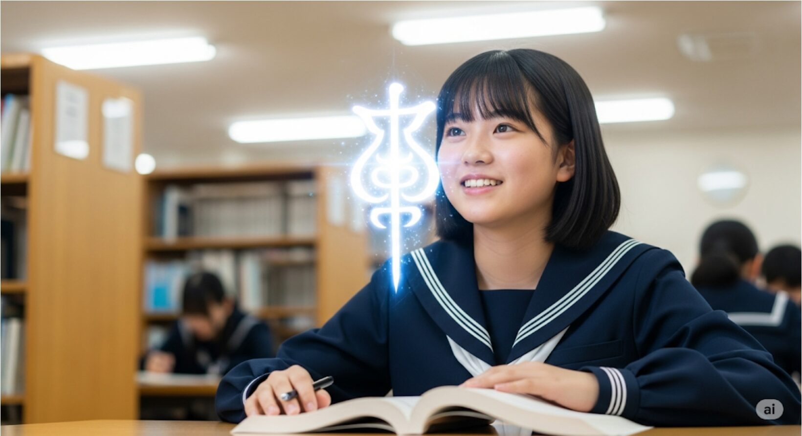 漢文の勉強中に何かに気づき、明るい表情を浮かべる日本の学生。学習による「ひらめき」の瞬間を表しています。
