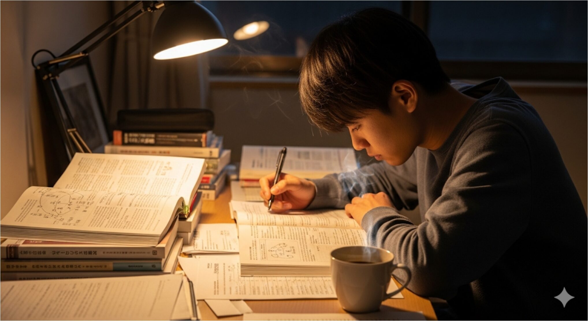 FP3級合格のため、深夜まで熱心に勉強に励む日本人の画像。