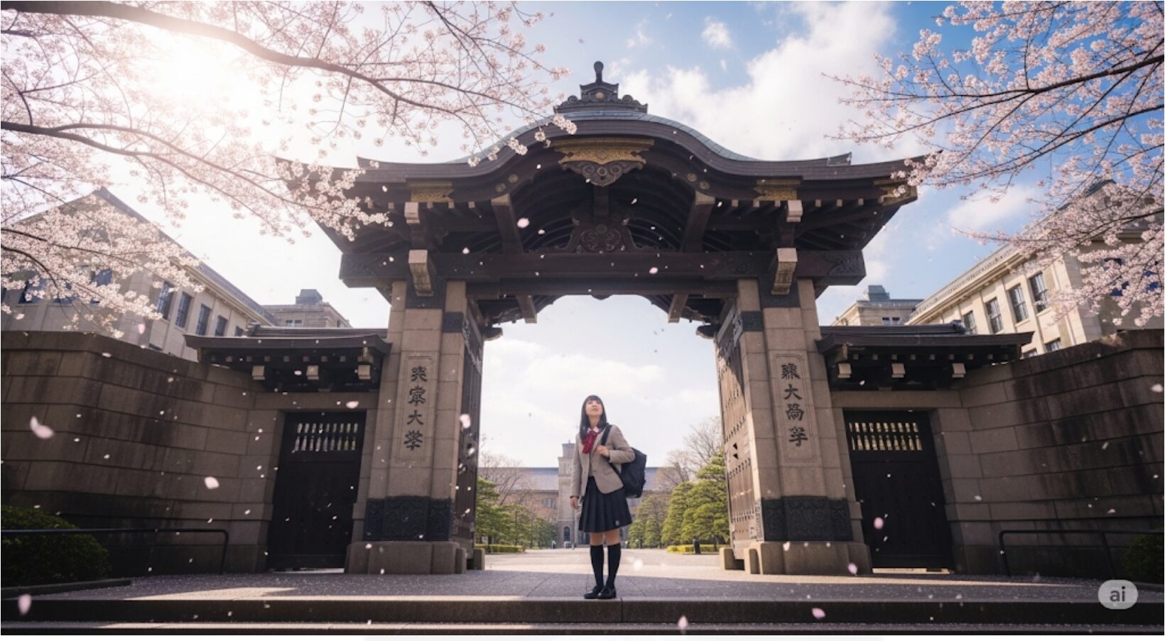 桜が咲き誇る晴れた日に、希望に満ちた表情で大学の門を見上げる日本の女子学生。
