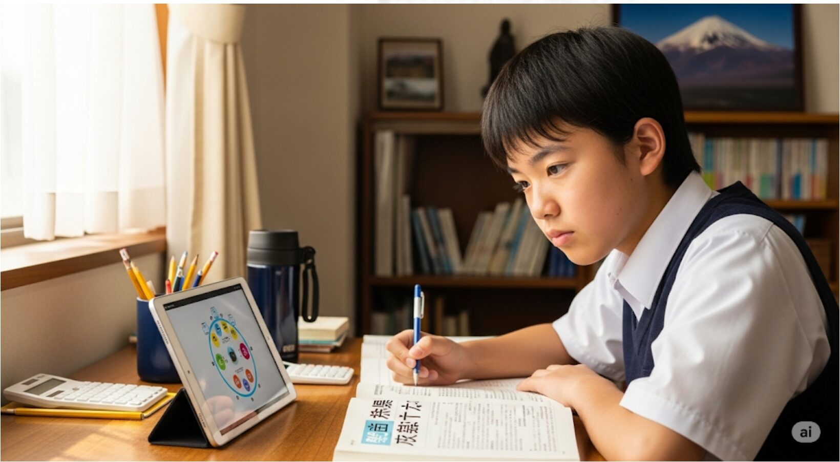 自宅の机で、Z会の教材とタブレットを使って真剣な表情で勉強する中学生