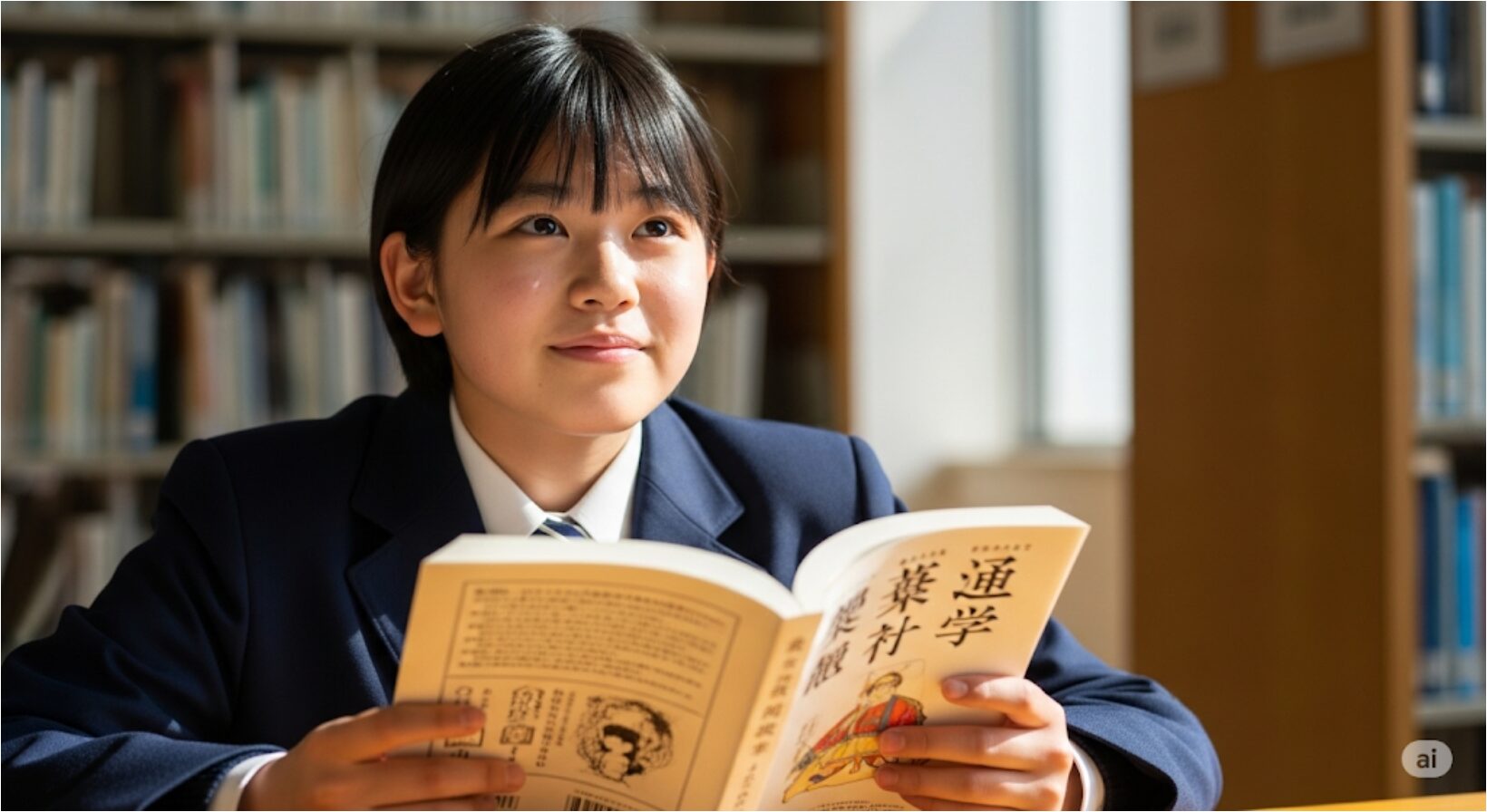 漢文の参考書を机に置き、何かを理解したように、穏やかな笑みを浮かべて顔を上げる日本の女子高校生