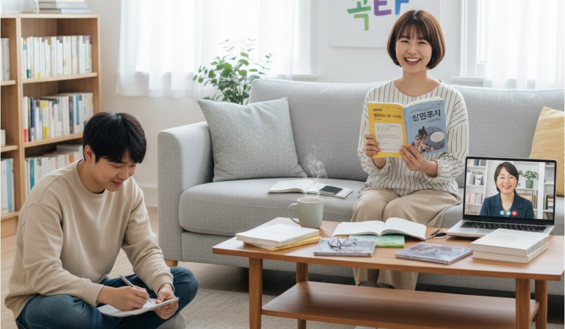 韓国語を男女がオンライン学習を楽しそうにしている