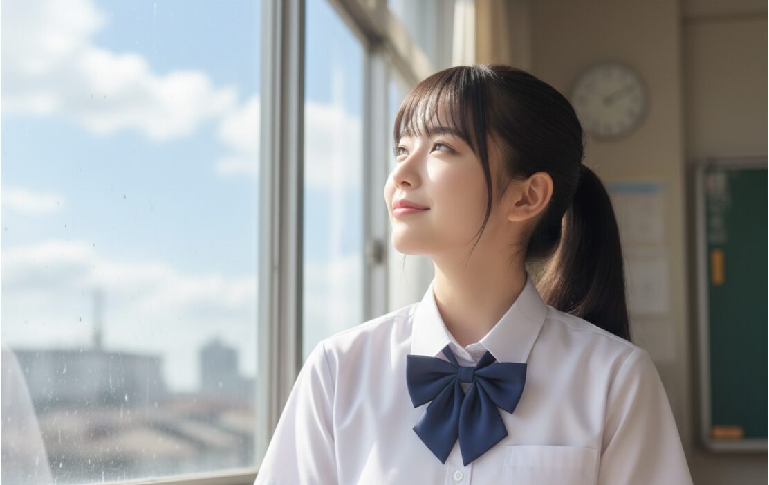 空を見つめ、未来へ明るい希望を抱いている女子高生。