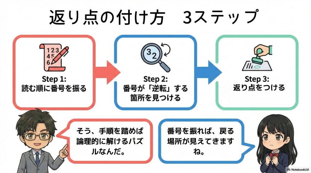 白文に返り点を付けるための3つの手順（番号振り、逆転箇所の発見、記号の記入）を解説したフロー図。