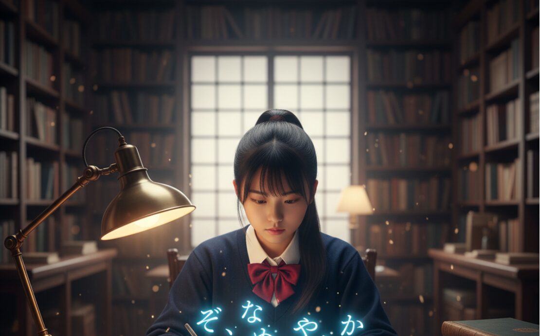 図書館のような書斎で、古文の参考書を広げて勉強に集中している日本の女子学生。机上には開かれた本とノート、筆記用具が置かれている。彼女の目の前には、「ぞ」「なむ」「や」「か」「こそ」という係助詞と、それに続く「連体形」や「已然形」という活用形が光る文字で浮かび上がっており、古文の文法学習の様子を象徴している。