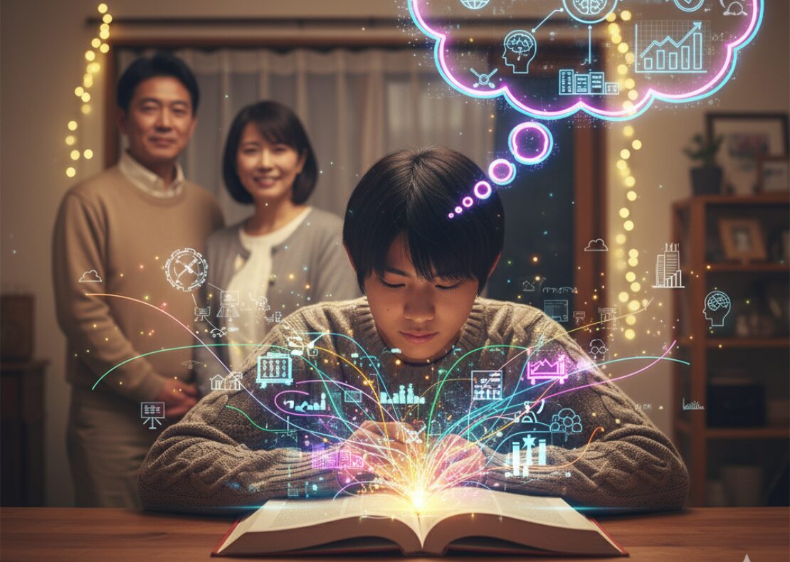 自宅で勉強する子どもの後ろで、穏やかに見守る両親の姿。子どもの頭上には、学びが未来につながるイメージが光る思考の泡として描かれている。