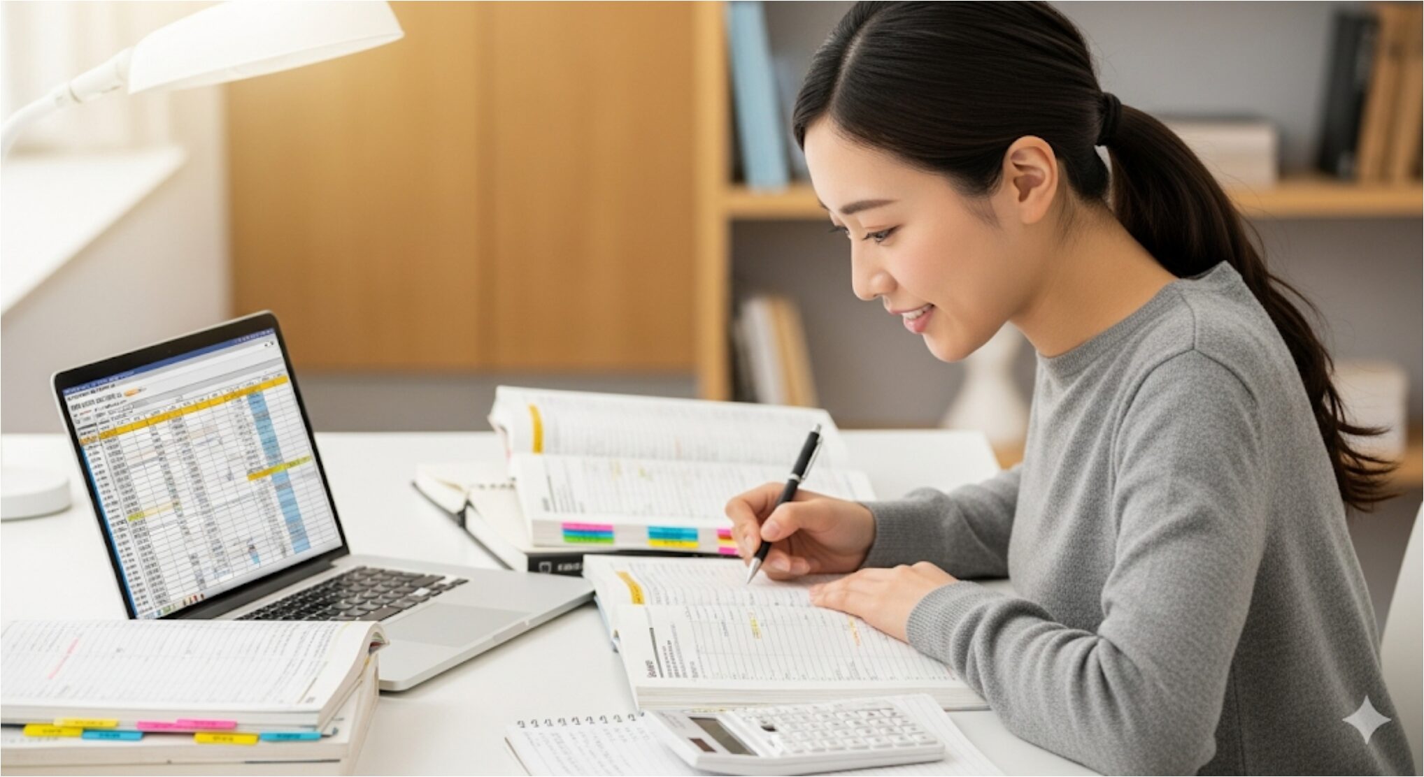 自宅の明るいデスクで、ノートパソコンやテキスト、電卓を使いながら簿記の勉強に集中している若い日本人女性。前向きで決意に満ちた表情を浮かべている。