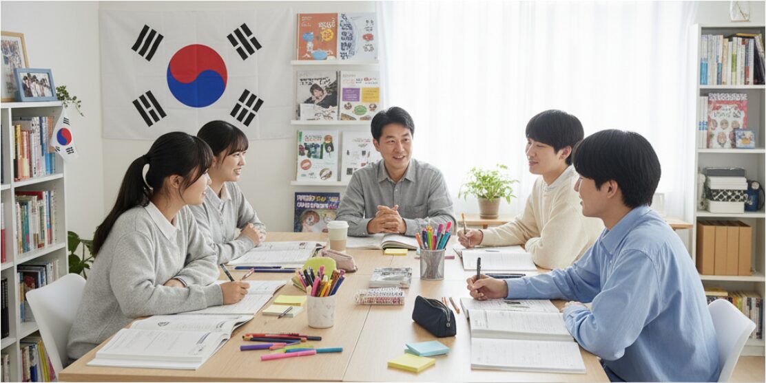 韓国語を学ぶ日本人学生たちと講師