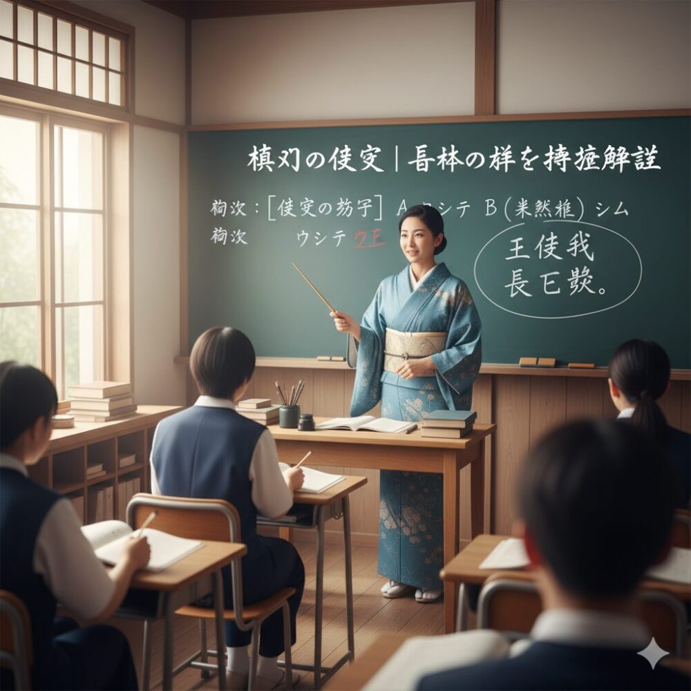 明るい教室で、和装の日本の先生が黒板に漢文の使役構文「使 A ヲシテ B (未然形) シム」を書いて、生徒たちに熱心に説明している様子。