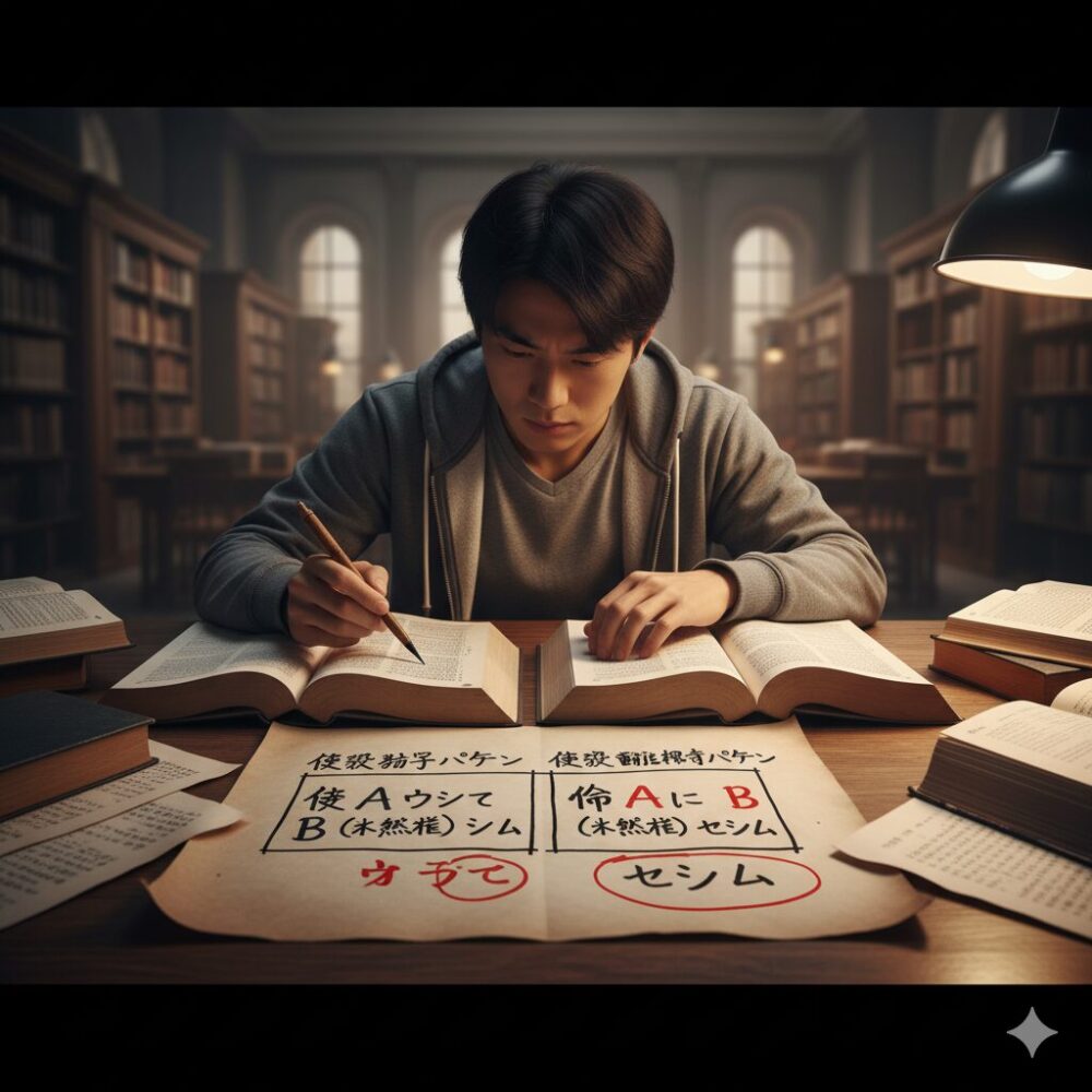 漢文のテキストを前に、日本の男子学生が使役の「をして」を使う形と使わない形の違いを比較し、理解を深めている様子。