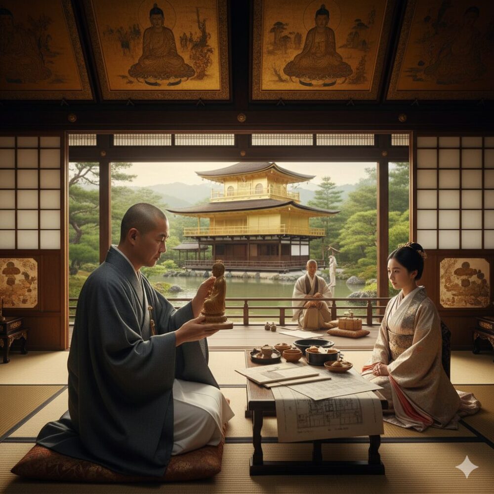  平安時代、壮麗な寺院の広間にて、出家した男性と貴族の女性が向かい合って座っている。男性は小さな仏像を持ち、女性は静かに耳を傾けており、来世の安寧を願う終活の様子を表す。