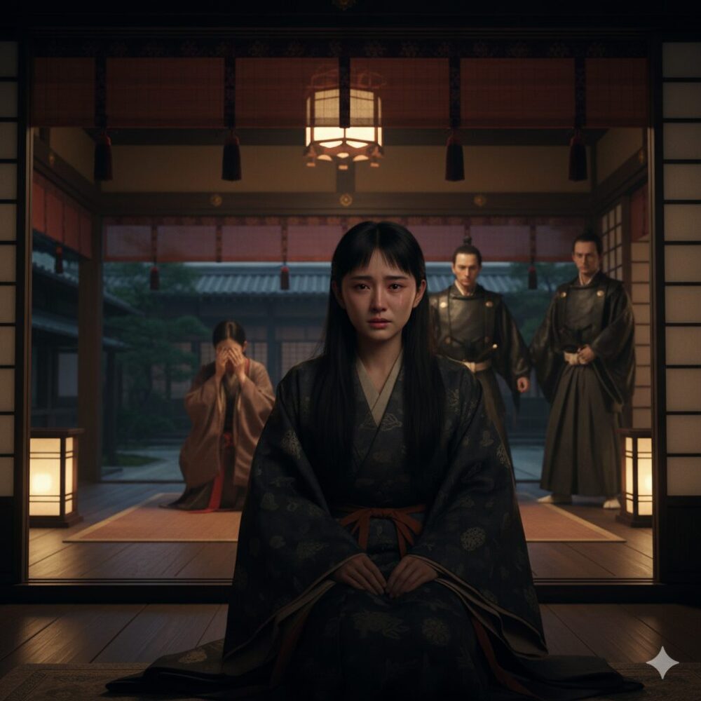 平安時代の邸宅内で、絶望し涙を流す貴族の女性。その背後には心配そうに見守る人々がおり、家族の死や政治的没落、失恋など、出家を決意させるきっかけとなった悲劇的な状況を暗示する。