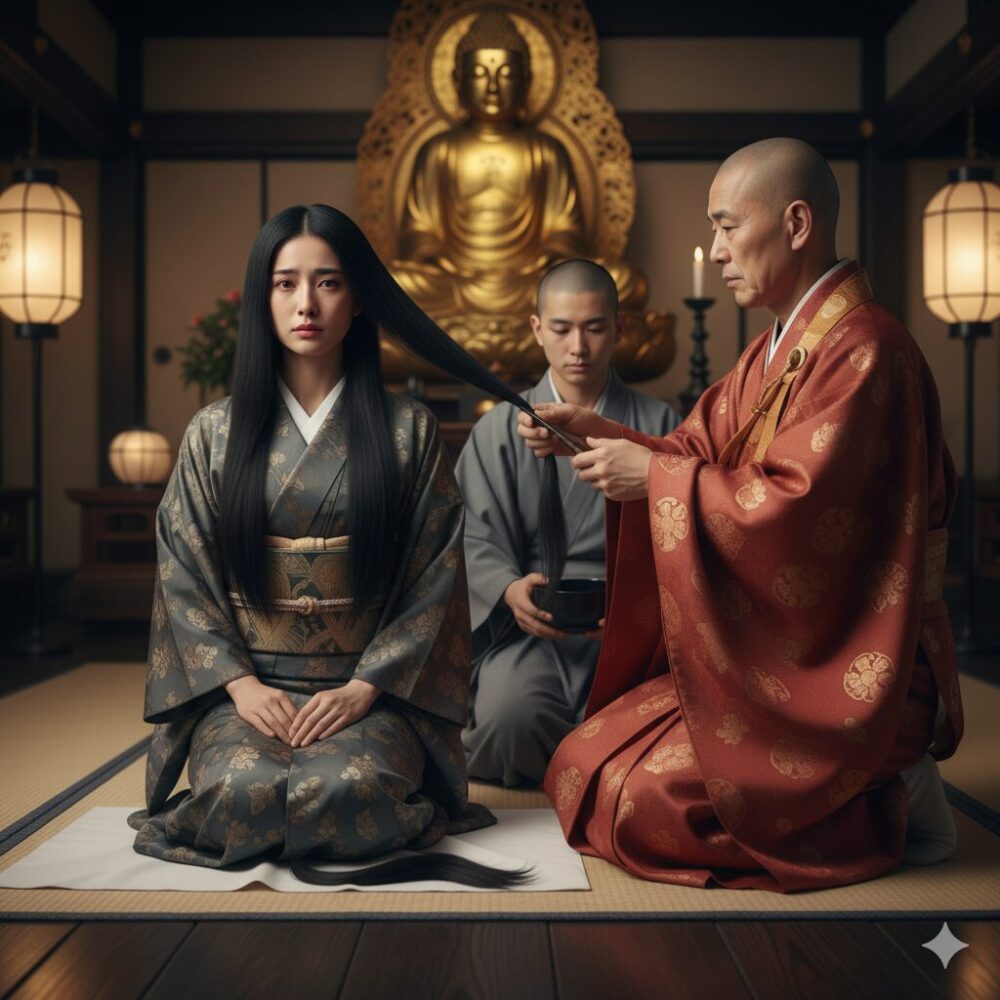 平安時代、寺院の仏前で、貴族の女性が長い黒髪を僧侶によって切られている儀式の様子。女性は複雑な表情を浮かべ、出家によって俗世との決別を意味する劇的な変化が起こることを表す。
