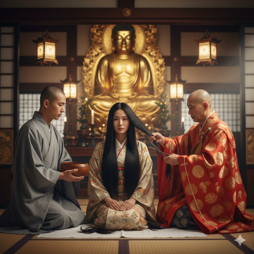 平安時代、仏像の前に座る貴族の女性が、僧侶に髪を切られている儀式の様子。長く美しい髪が切り落とされ、俗世への未練や執着を断ち切る「落飾」の象徴的な瞬間を強調する。