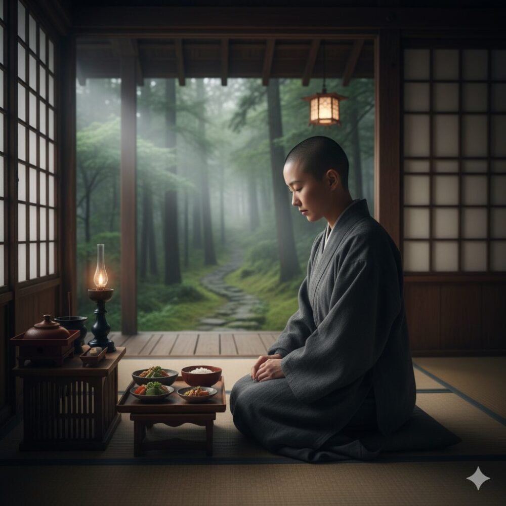 平安時代、簡素な精進料理を前に瞑想する尼僧。窓の外には霧深い山林が広がり、出家後の質素で厳格な修行生活と俗世との断絶を表現している。