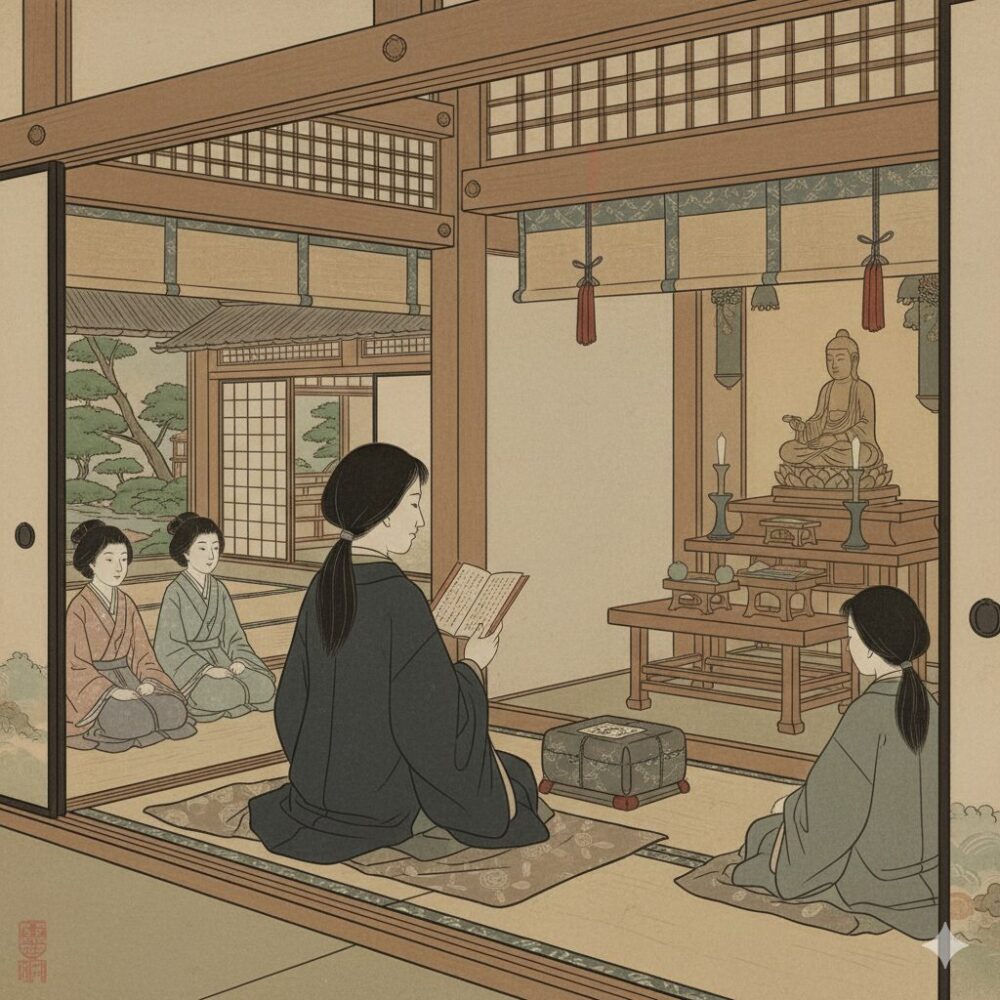平安時代、寺院の一室で経典を読み上げる尼僧と、静かに座って耳を傾ける若い女性たち。女性にとって出家が、精神的な安寧を得て、自立した生活を送る数少ない道であったことを示す。