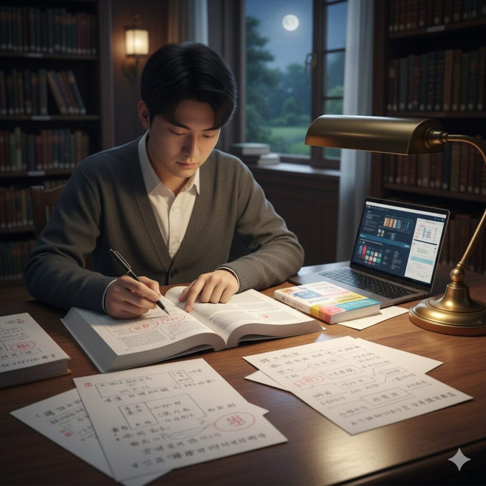 夜、書斎で漢文の疑問の助字と文末のルールについてノートをとりながら真剣に学習する日本人学生。