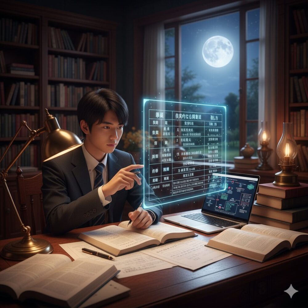 夜の書斎で、ホログラム表示された漢文の疑問詞の一覧表を見ながら学習する日本人学生。