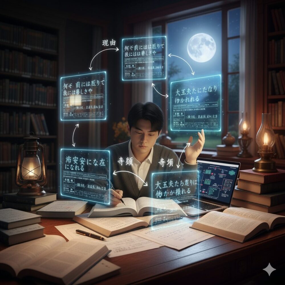 夜遅く、書斎で漢文の疑問詞を用いた例文とその現代語訳をホログラムで表示し、学習する日本人学生。