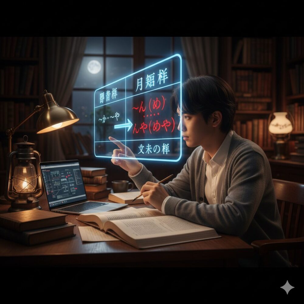 夜の書斎で、ホログラム表示された「疑問」と「反語」の判別表を指し示しながら、文末の構造について理解を深める日本人学生。