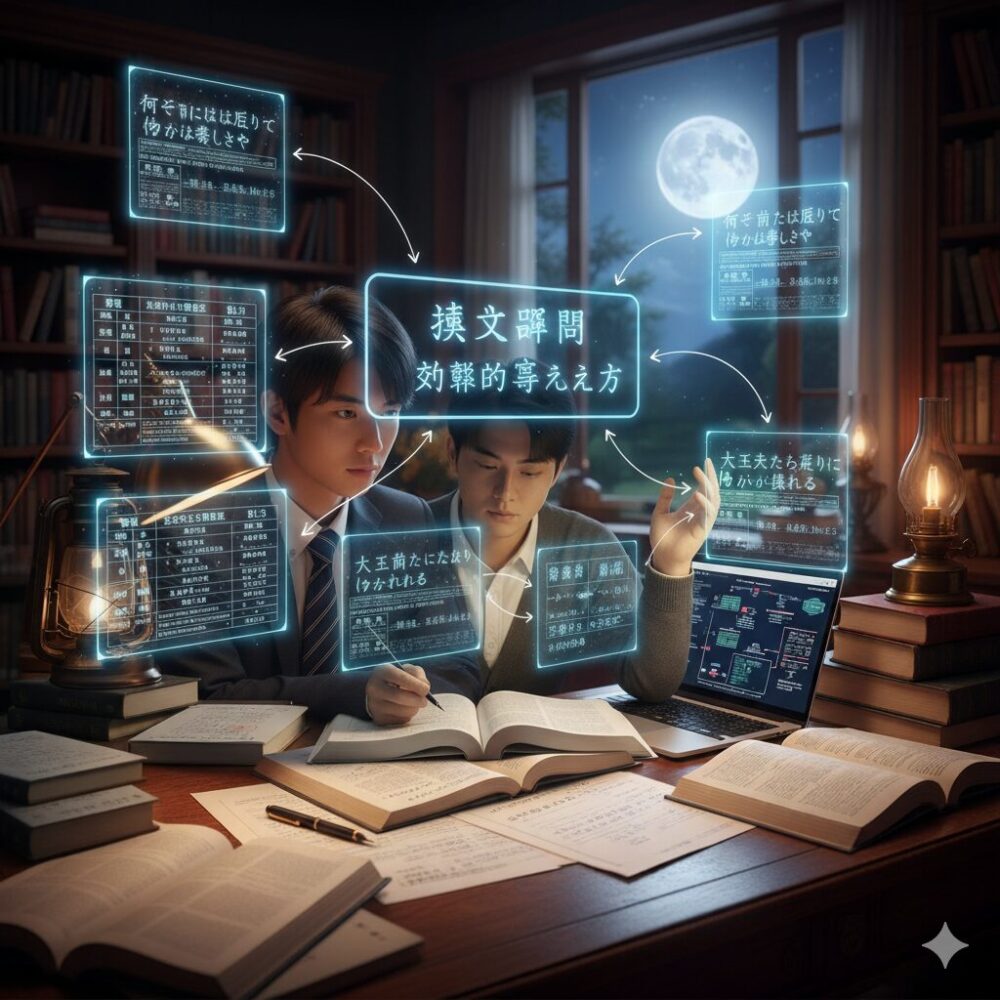 夜の書斎で、ホログラム表示された漢文の疑問形の学習方法について、2人の日本人学生が協力して学ぶ様子。