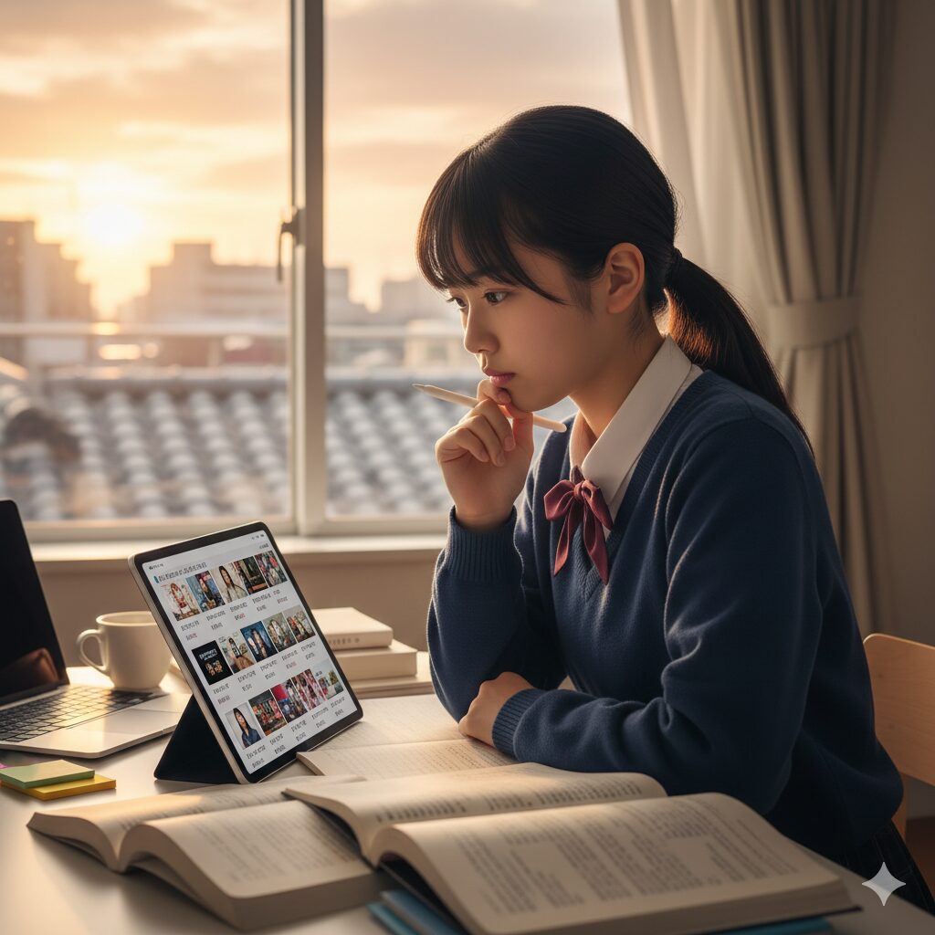 夕日が差し込む部屋でタブレットと参考書を使い、スタディサプリで勉強する日本の女子高校生。