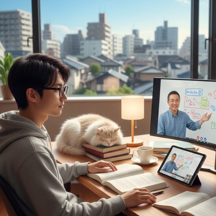 自宅でパソコンとタブレットを使い、スタディサプリのオンライン授業を受ける日本の男子高校生と、その隣でくつろぐ猫。