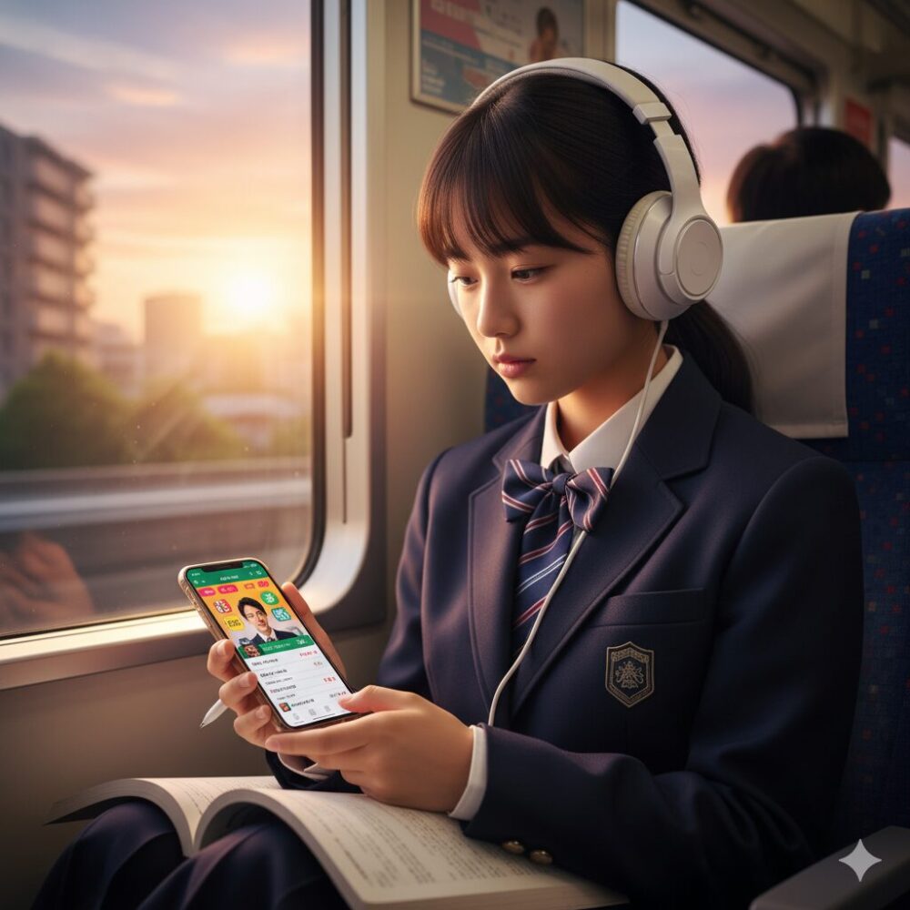 電車内でヘッドフォンを着用し、スマートフォンでスタディサプリの授業を視聴している日本の女子高校生。窓の外には夕日が差している。