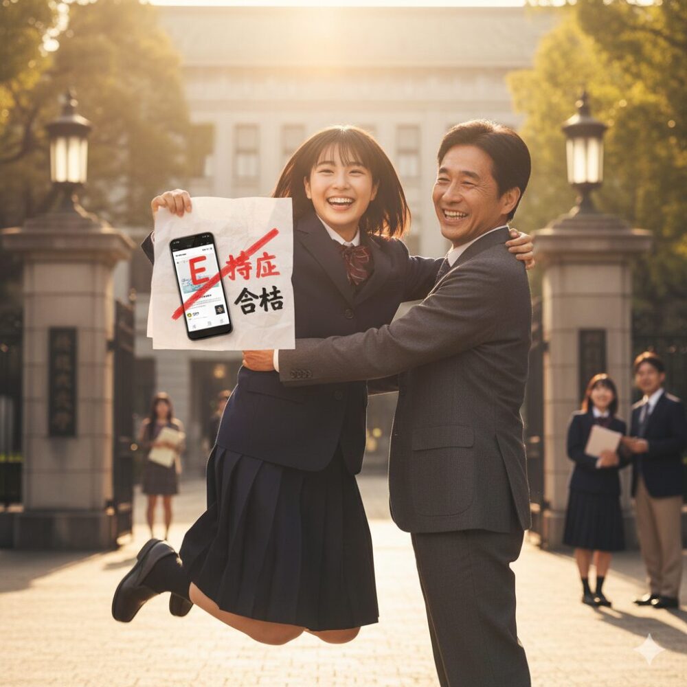 難関大学の正門前で、E判定を克服し合格した喜びを父親と分かち合う日本の女子高校生。合格通知とスタディサプリの画面を手に、笑顔で抱き合っている。