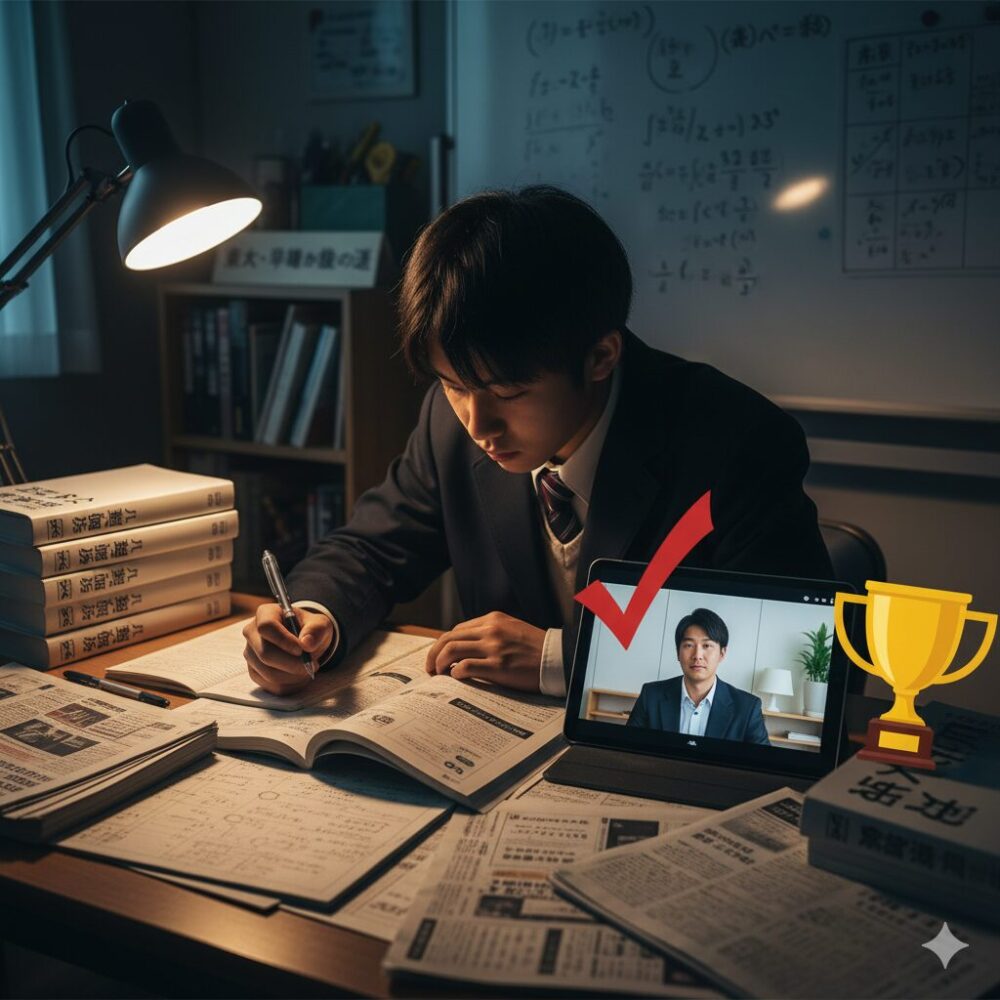 深夜の学習机で参考書や問題集を広げ、熱心に勉強する日本の男子高校生。手元にはスタディサプリの授業動画が映るノートPCがあり、横には合格を象徴するトロフィーとチェックマークが重ねられている。