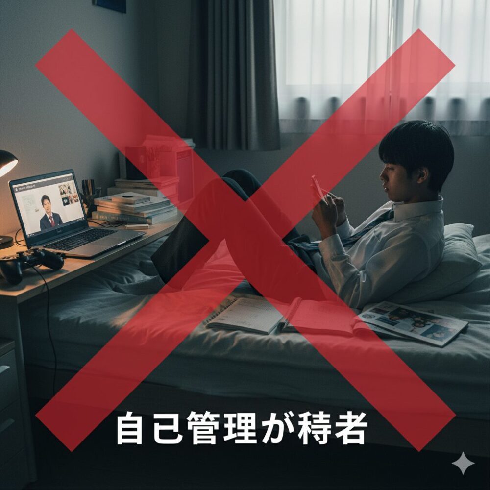 ベッドの上でスマートフォンを操作し、学習を怠っている様子の日本の男子高校生。隣の机ではスタディサプリの授業が映るノートPCが開かれたままで、画面全体に自己管理が苦手な人には向かないことを示す大きな赤いバツ印が重ねられている。
