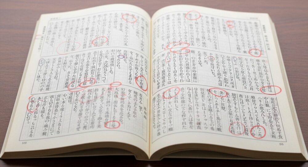 古文の教科書に引かれたリード文と注釈のマーカー線