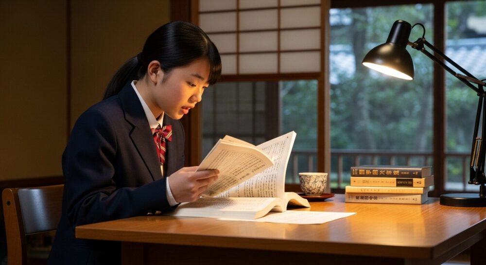 教科書を手に持って古文を音読している学生